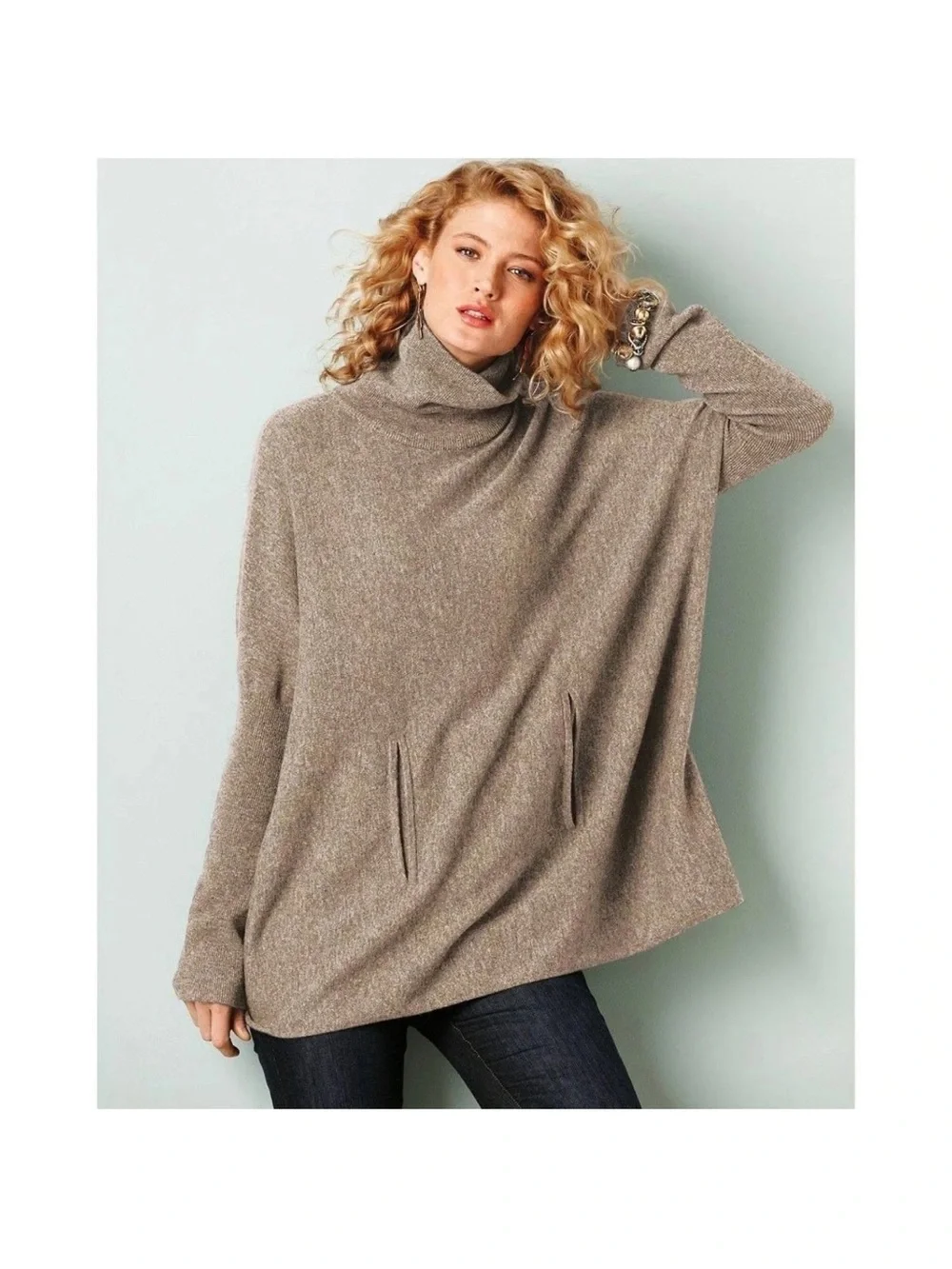 Garnet Hill Gray Cashmere Turtleneck Pocket Sweater